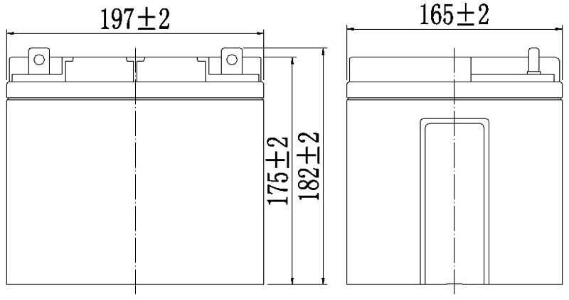TLV12450F6 - 12V 45Ah Sealed Lead Acid Battery with F6 Terminals - Side Diagram